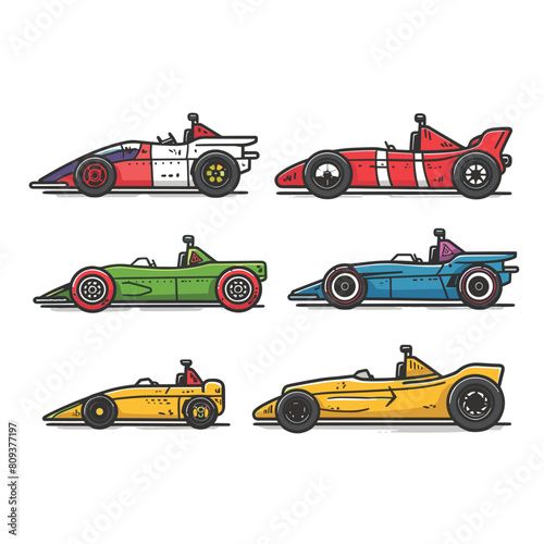 Colorful cartoon racing cars lined up, different designs, motorsport theme. Vector illustration formula cars, red, green, blue, yellow, side view. Sporty openwheel singleseater vehicles, racing
