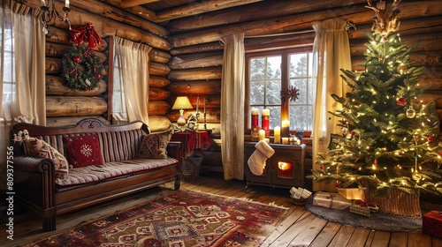 Rustic Charm of Wooden Country House with Festively Decorated Christmas Tree for New Year's