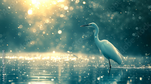 Elegant egret in a satin gown, accessorized with pearl earrings, photo