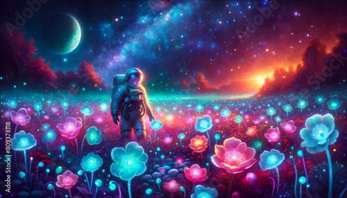 Astronaut wandering through a luminous, bioluminescent flower field on an alien planet.