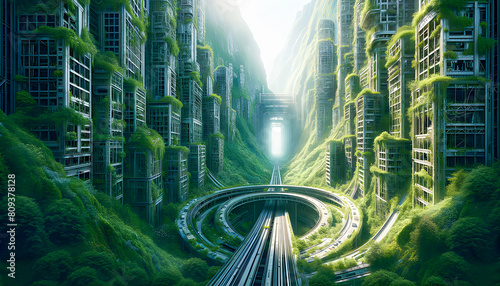 A mesmerizing depiction of a utopia lost in time, with ancient ruins intertwined with lush vegetation, where advanced technology meets nature's embrace, evoking a sense of forgotten splendor and myste photo
