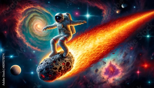 Astronaut surfing on a fiery comet as it hurtles through space. photo
