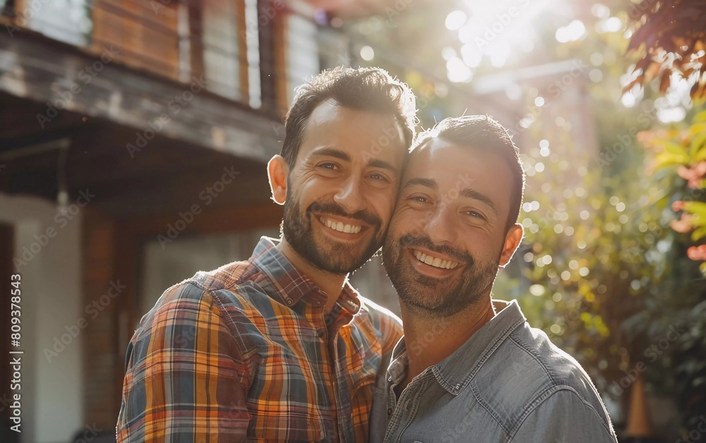 Portrait of a Happy Gay Male Couple Standing Outside the House