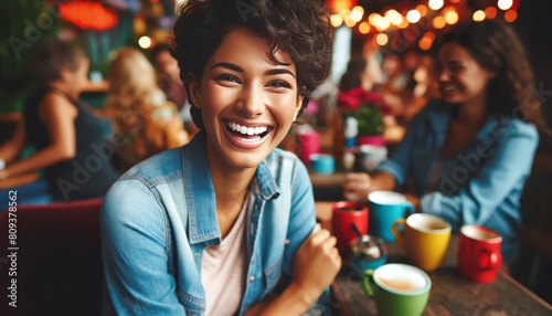 A portrait of a joyful young woman with short curly hair  wearing casual attire  sitting at a vibrant cafe.