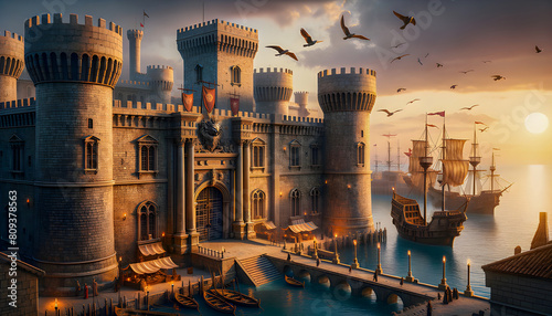 A magical dragon castle perched on a mystical peak, its towers and turrets piercing the sky, guarded by legendary creatures.