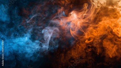 Dark background with orange and blue smoke in the foreground, closeup. Dark, fiery atmosphere with fog and smoke. © SH Design