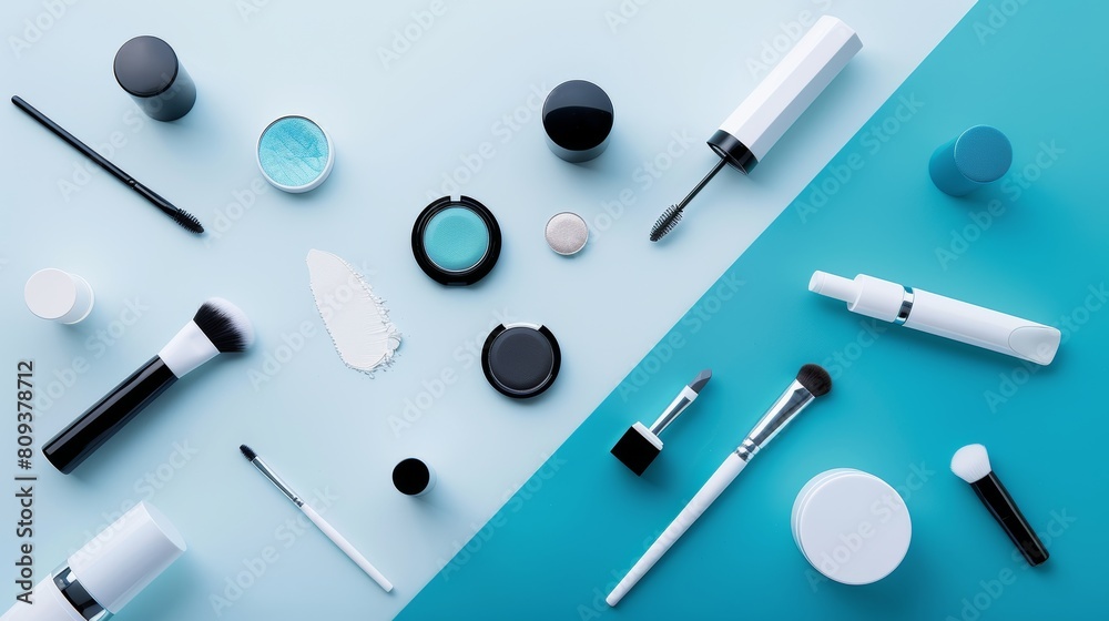 Elegant editorial shot of cosmetics laid out on a white and cyan gradient background, presenting a polished and fashionable aesthetic Elegant editorial shot of cosmetics laid out on a white and cyan gradient background, presenting a polished and fashionable aesthetic
