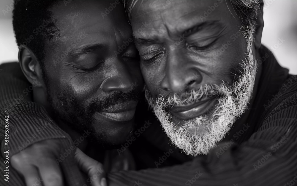Mature homosexual black and white male couple hugging tenderly Mature homosexual black and white male couple hugging tenderly