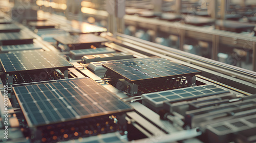 Depict a solar panel manufacturing facility with rows of solar panels being assembled
