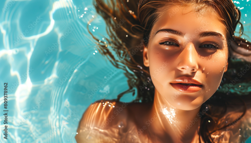 Beautiful woman floating effortlessly in cool, clear pool water, exuding a sense of peace and relaxation under the open sky. Beautiful woman floating effortlessly in cool, clear pool water, exuding a sense of peace and relaxation under the open sky.