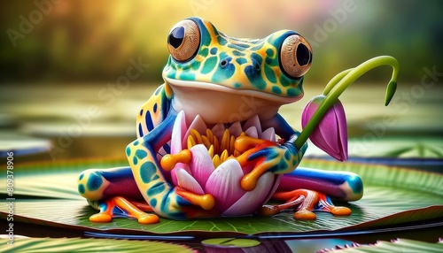 A detailed close-up of a colorful frog perched on a lily pad, with a water lily stem in its mouth.