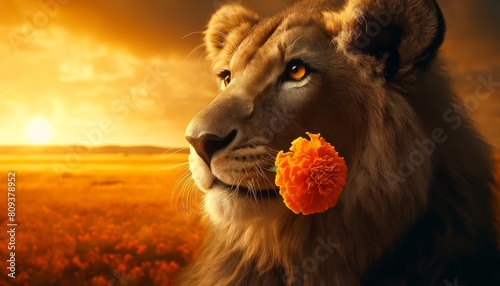 A close-up of a lion in a serene pose with a bright orange marigold flower in its mouth, set against the backdrop of the golden African savannah.