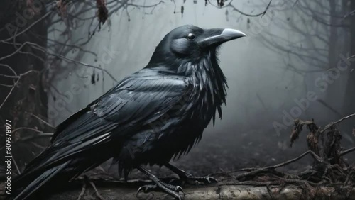 Poe's raven animated fog blackbird, crow, poetic moody dark emo misty, creepy dirty aesthetic, shadowbox noir style spooky, grime, grimy, gritty, organic dirt cracked. photo