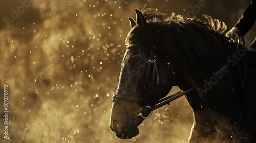 Dust rises around a black horse in a close-up, its shimmering black coat reflecting the light, the reins tight in the rider's grip