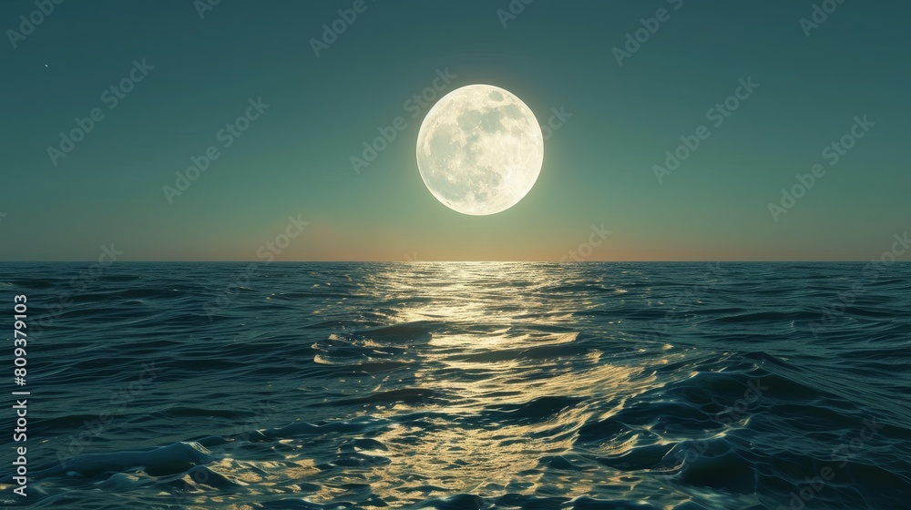 Detailed view of the full moon's shimmering light over the ocean's surface, reflecting a mesmerizing glow against a clear sky Detailed view of the full moon's shimmering light over the ocean's surface, reflecting a mesmerizing glow against a clear sky
