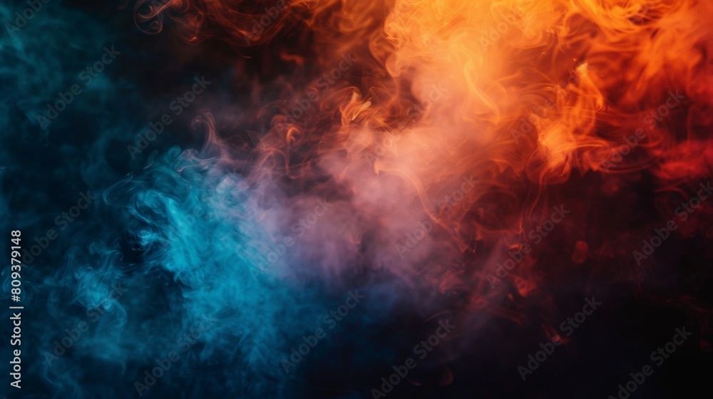 Dark background with orange and blue smoke in the foreground, closeup. Dark, fiery atmosphere with fog and smoke.