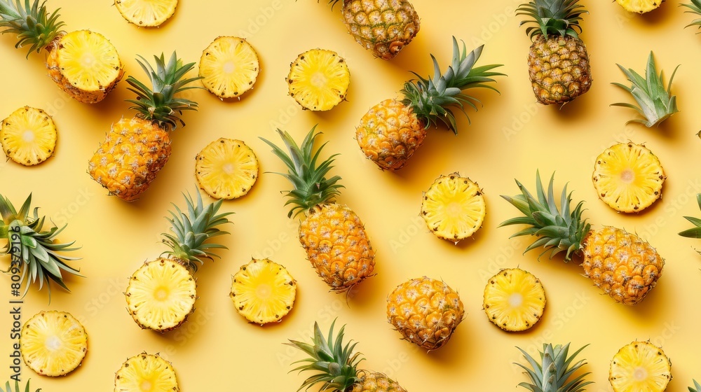 Detailed top view of whole pineapples and slices, arranged to create an engaging pattern against a yellow pastel background, studio lighting