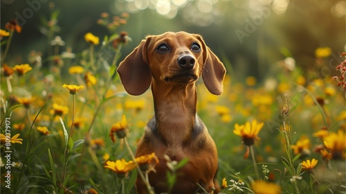 Dachshund Sitting in a lush meadow with blooming yellow wildflowers, the background is blurred,Generative AI illustration.