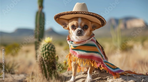 A Chihuahua dog wears a wide-brimmed hat and sits next to a cactus in a desert landscape.
