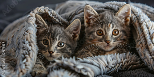 2 cute kittens snuggled up in the same blanket, generative AI photo