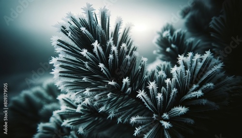 A close-up view of frost clinging to dark green pine needles, with a backdrop of gray, wintery skies.
