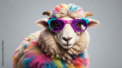  Abstract of fashion style sheep wearing sunglasses portrait isolated on clean png background, sheep fur multi colored colorful on skin body and hairs paint, 