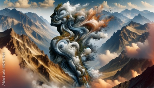 A human form merging with a rugged mountain landscape, with swirling winds and floating clouds forming part of the body. photo