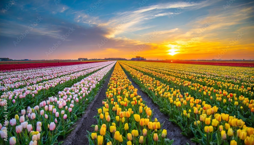 netherlands a field of tulips during sunset rows on the field agriculture in the holland landscape with flowers during sunset photo for wallpaper and background