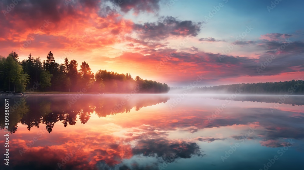 Beautiful sunset over lake with reflection in water. Nature composition.