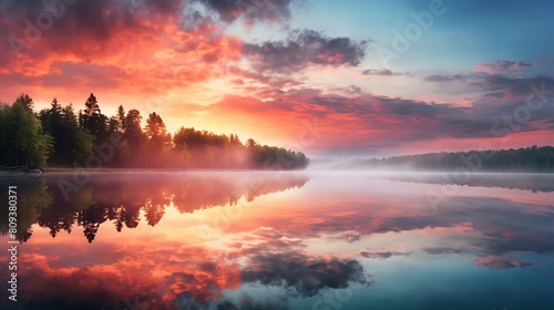 Beautiful sunset over lake with reflection in water. Nature composition.