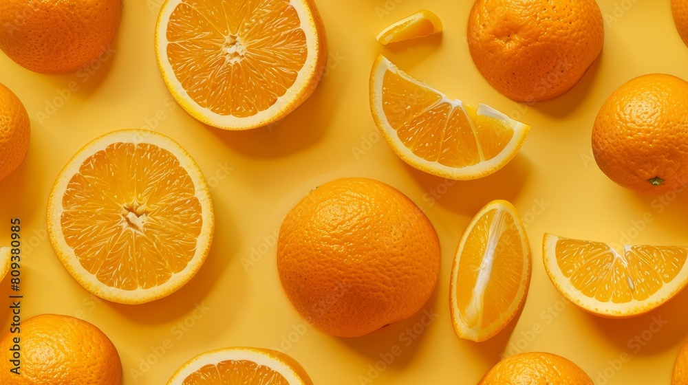 Close-up of orange slices and whole oranges arranged in a fun, tile-like pattern, set against a bright yellow pastel background, studio lighting Close-up of orange slices and whole oranges arranged in a fun, tile-like pattern, set against a bright yellow pastel background, studio lighting