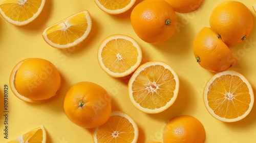 Close-up of orange slices and whole oranges arranged in a fun, tile-like pattern, set against a bright yellow pastel background, studio lighting