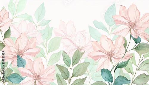 pale watercolor leaves and flowers on white background vertical botanical design banner floral pastel watercolor vintage style © Josue