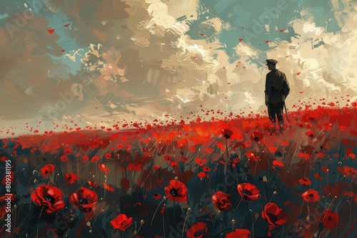 A soldier standing in a field of poppies