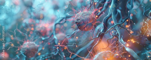 A 3D rendered model of a brain with specific cell types highlighted Focus on glial cells like astrocytes and oligodendrocytes, and their role in supporting and protecting neurons photo