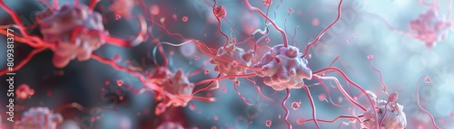 A 3D rendered scene depicting the growth and development of brain cells Show newly formed neurons extending their connections photo