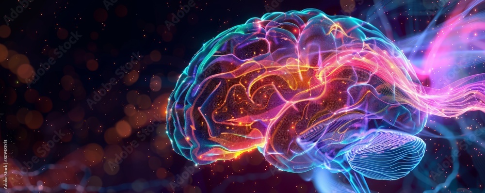 Obraz premium A 3D rendered visualization of brain activity Highlight specific regions glowing with vibrant colors to represent areas involved in different functions like memory