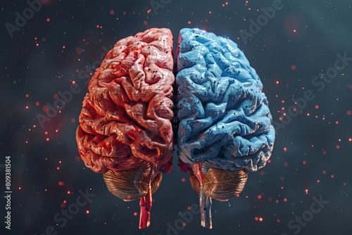 A 3D rendered splitbrain image showcasing the left and right hemispheres Highlight the unique functions of each hemisphere and their interconnectedness through the corpus callosum photo