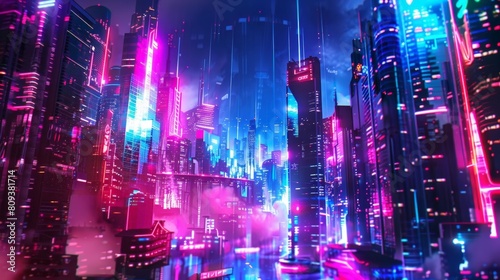 a futuristic cityscape featuring a towering skyscraper, a bustling street, and a bustling river