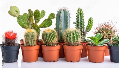 group of various indoor cacti and succulent plants in pots isolated on a white background