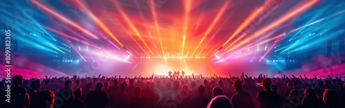 Colorful Outdoor Laser Show with Crowd Silhouette - Festival Disco Party Background Banner with Rays Streams and Party People
