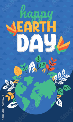 Geometric earth day card Plants and butterflies Vector illustration