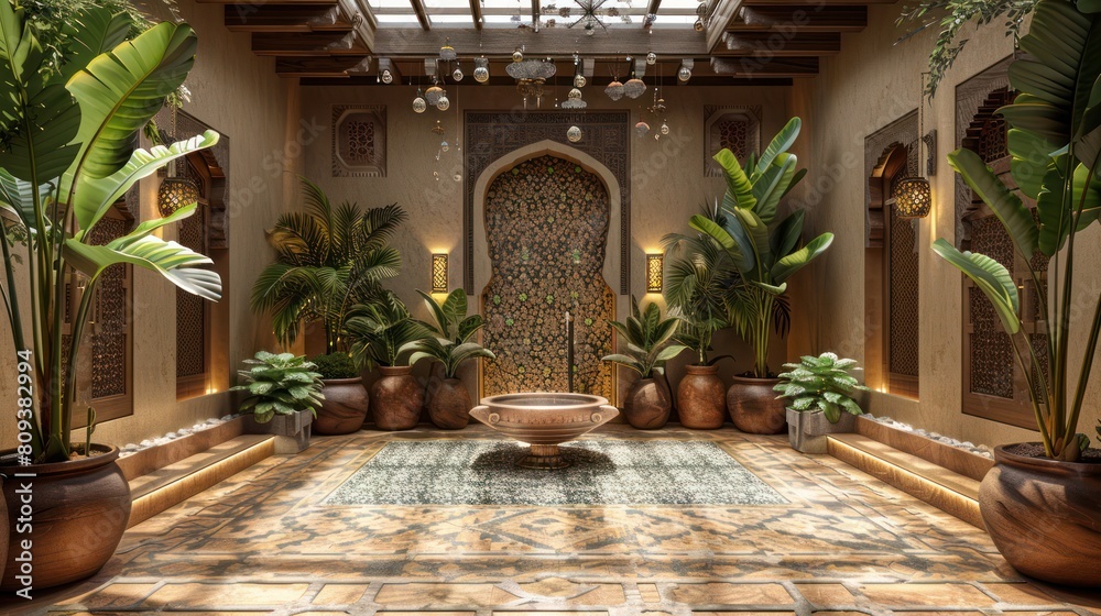 Moroccan-style Luxury Hotel with Handcrafted Wooden Decor, Cactus-filled Entrance, Dark Green Accents, and Stunning Arab-style Lounge