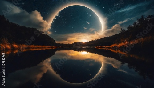a beautiful landscape view of half cloudy circle on reflecting on water at night