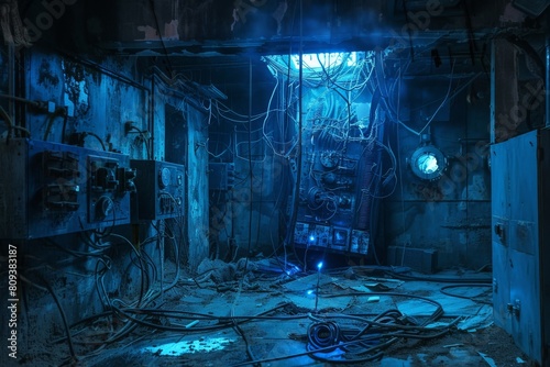 A derelict engineering bay filled with exposed wires and sparking conduits The scene is bathed in an eerie blue glow emanating from an overloaded power core photo
