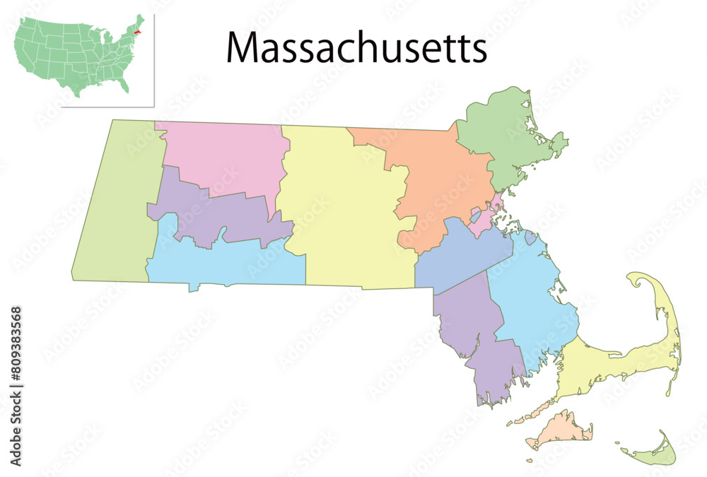 Obraz premium マサチューセッツ アメリカ 地図 カラフル アイコン