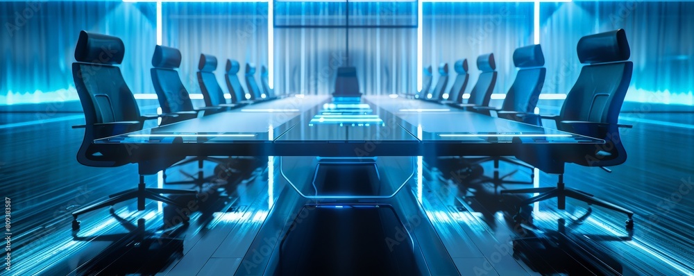 A hightech conference room with a holographic table projected directly onto the sleek A hightech conference room with a holographic table projected directly onto the sleek