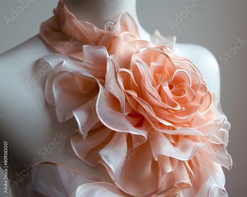 A flower made from flowing ribbons on a dress The flower adorns the shoulder strap or neckline photo