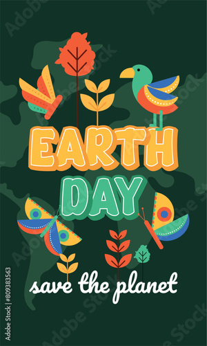 Geometric earth day card Plants and butterflies Vector illustration