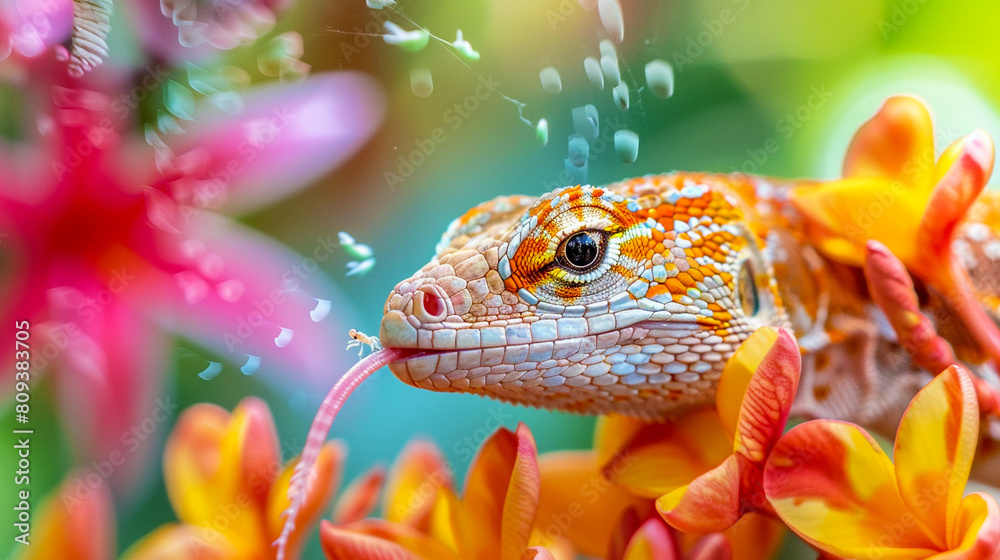 Closeup image of a lizard eating a spider.